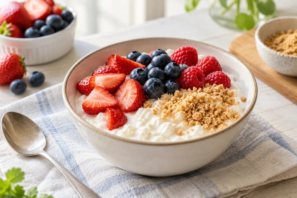 Vanilla cottage cheese cream with berries and graham cracker crumbs.