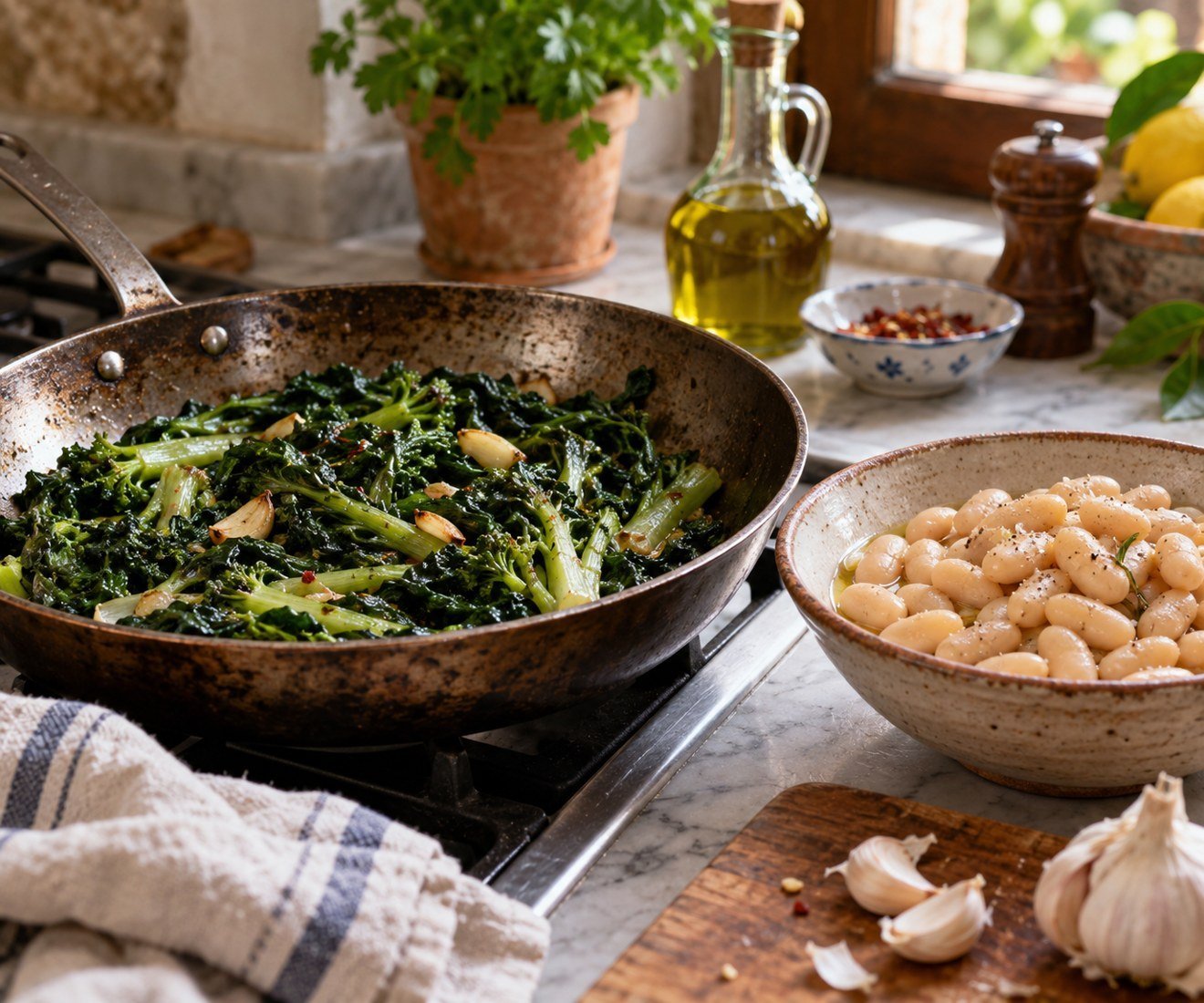 Sauteed bitter chicory greens with garlic, olive oil and cannellini beans
