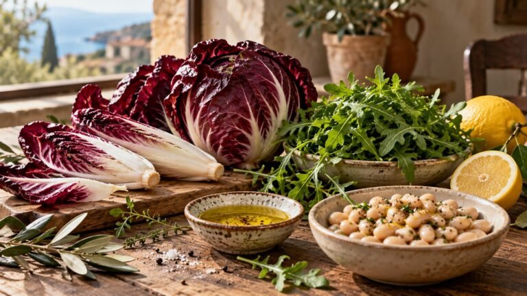 Bitter foods on a Mediterranean table with radicchio, chicory, olive oil and white beans