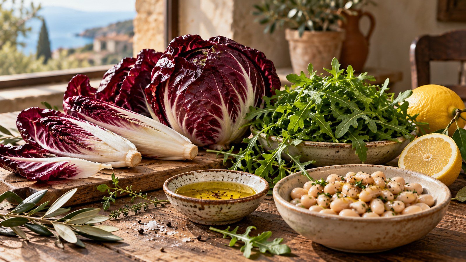 Bitter foods on a Mediterranean table with radicchio, chicory, olive oil and white beans