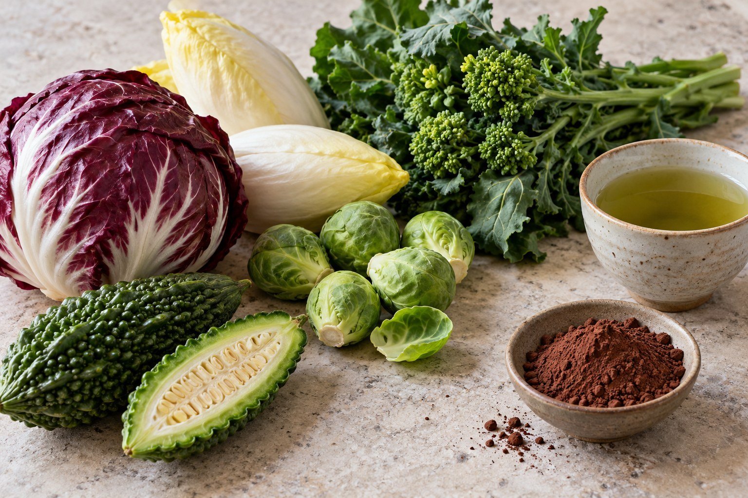 Bitter foods including radicchio, endive, broccoli rabe, bitter melon, cocoa and green tea