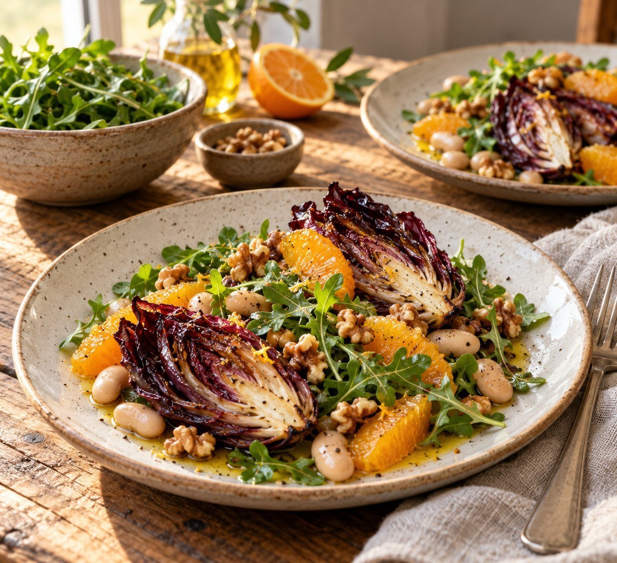Roasted radicchio and arugula with orange, walnuts and white beans