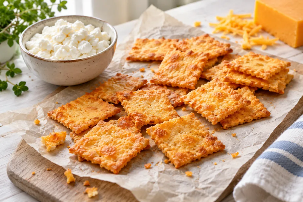 Thin square golden cottage cheese and cheddar crackers on parchment.
