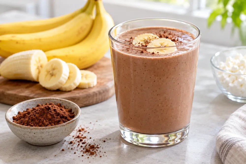 Creamy chocolate banana cottage cheese smoothie in a glass.