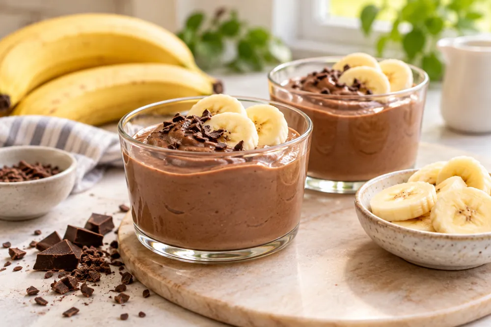 Cottage cheese snacks for kids: chocolate pudding in glass cups with banana slices.