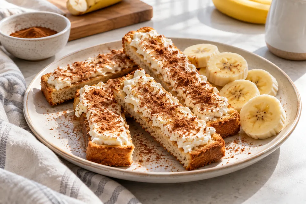 Cinnamon-dusted cottage cheese toast fingers with banana slices.