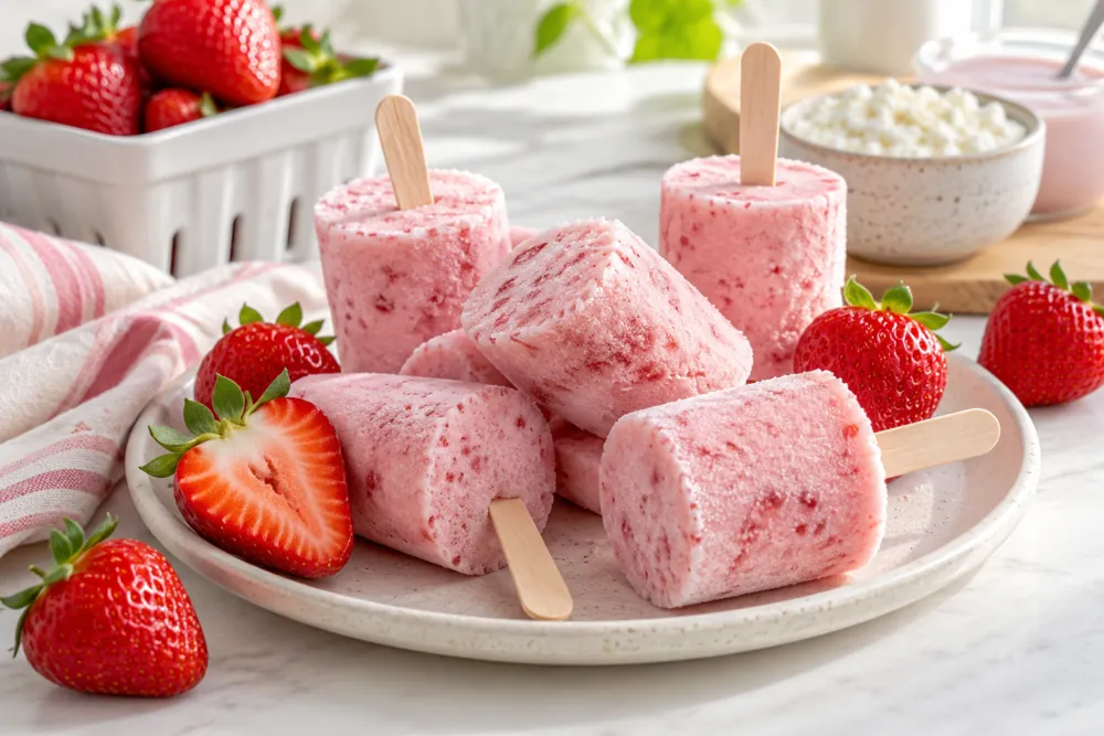 Pink strawberry cottage cheese cheesecake pops on wooden sticks.
