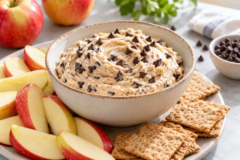 Creamy cookie dough-style cottage cheese dip with chocolate chips, apple slices and crackers.