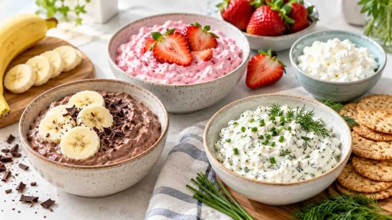 AI-generated illustration of cocoa pudding, strawberry dip, herb dip and plain cottage cheese with fruit and crackers.