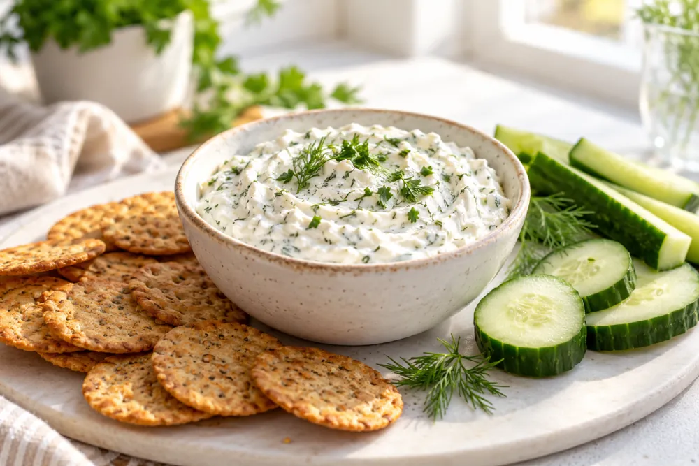 Creamy herb-speckled cottage cheese ranch dip with crackers and cucumber.