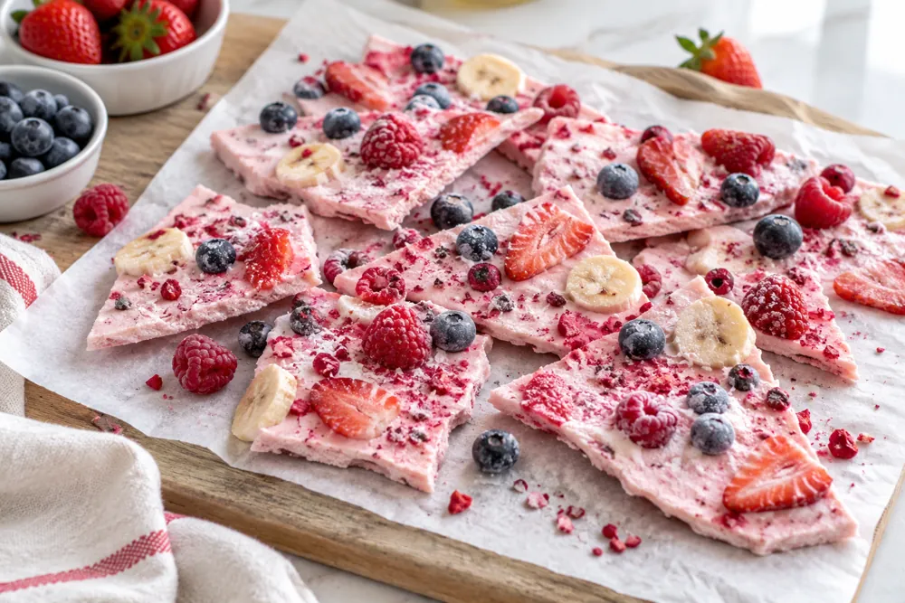 Thin frozen berry cottage cheese bark pieces topped with berries.