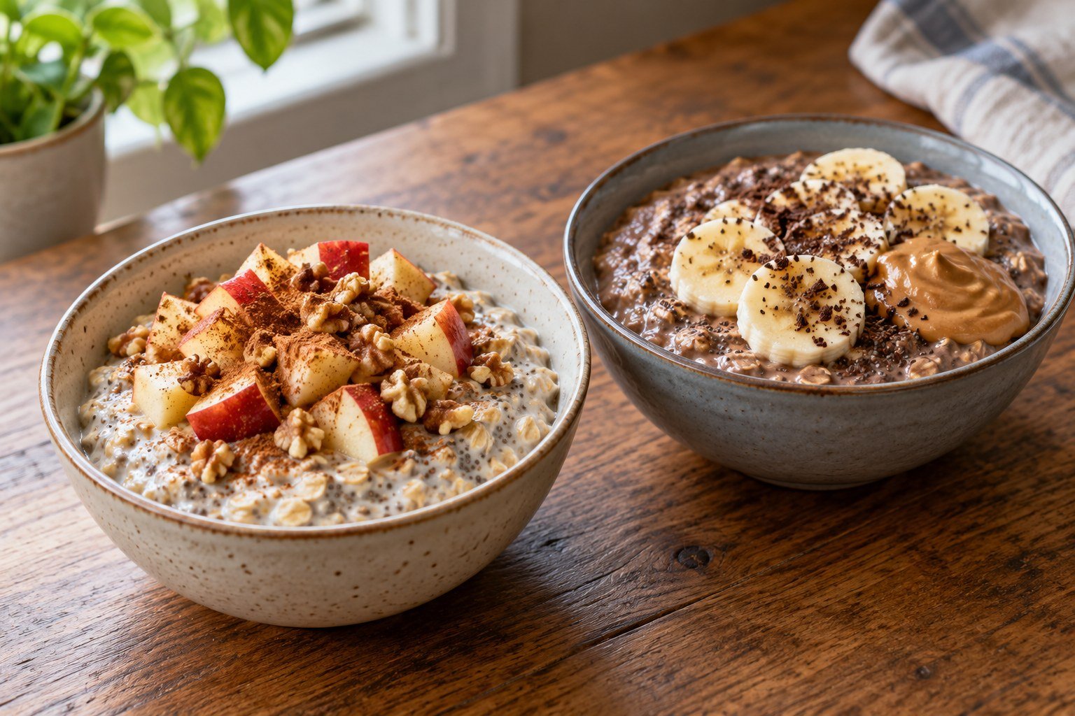 Apple cinnamon and cocoa banana high fiber overnight oats in ceramic bowls