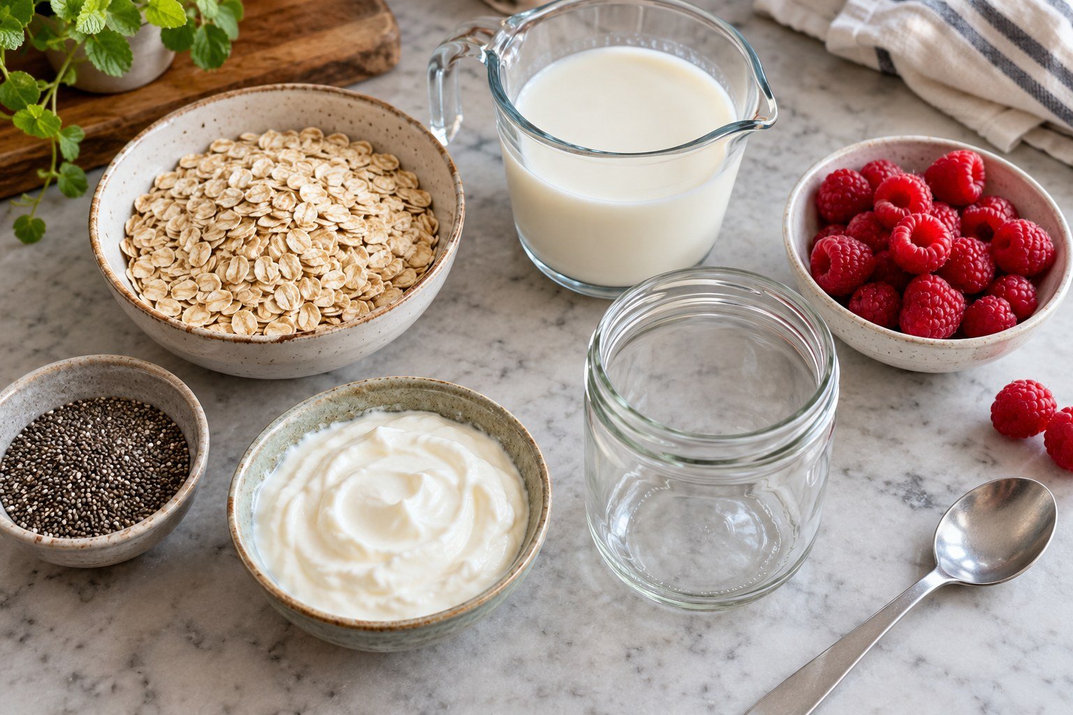 Ingredients for high fiber overnight oats: rolled oats, chia, milk, yogurt and raspberries