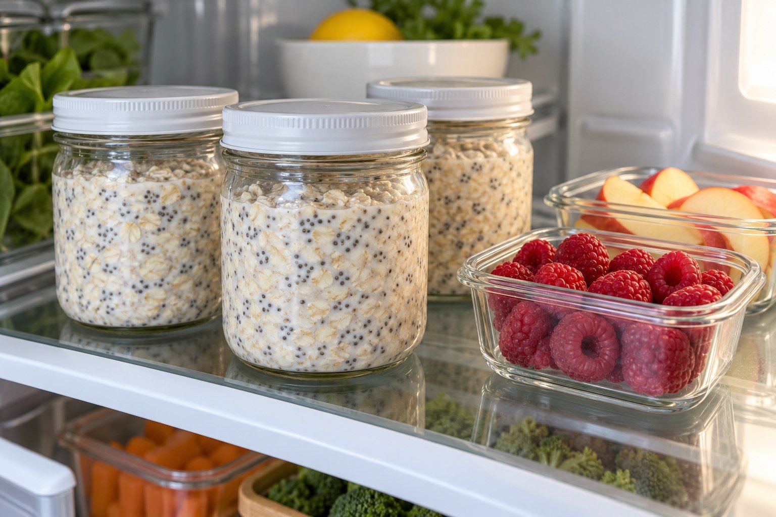 Three covered jars of high fiber overnight oats refrigerated with separate fruit toppings
