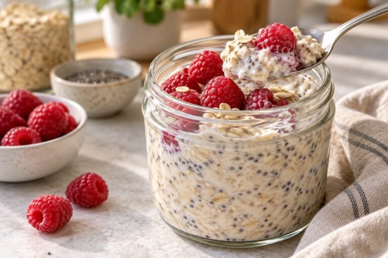 High fiber overnight oats with chia, Greek yogurt and fresh raspberries