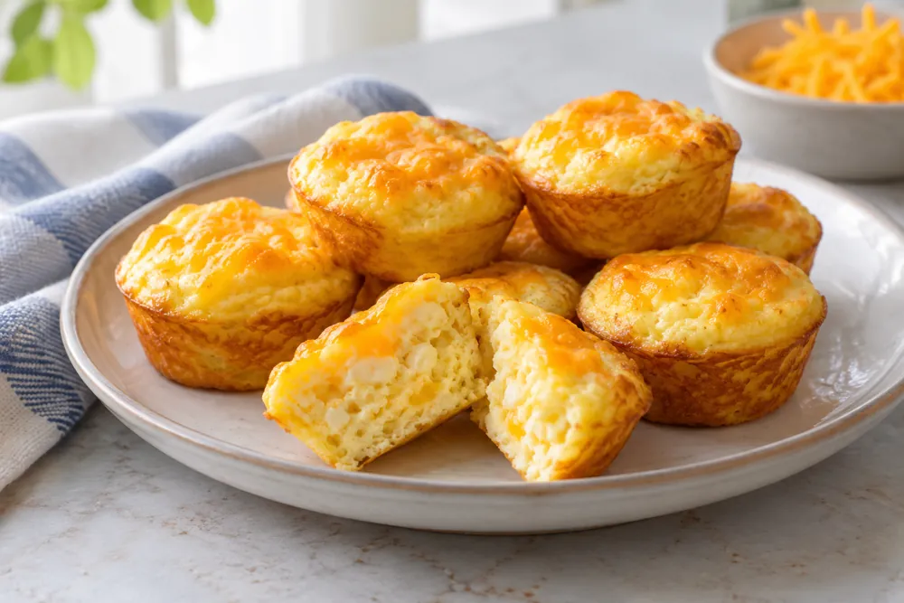 Small golden cottage cheese egg and cheddar bites.