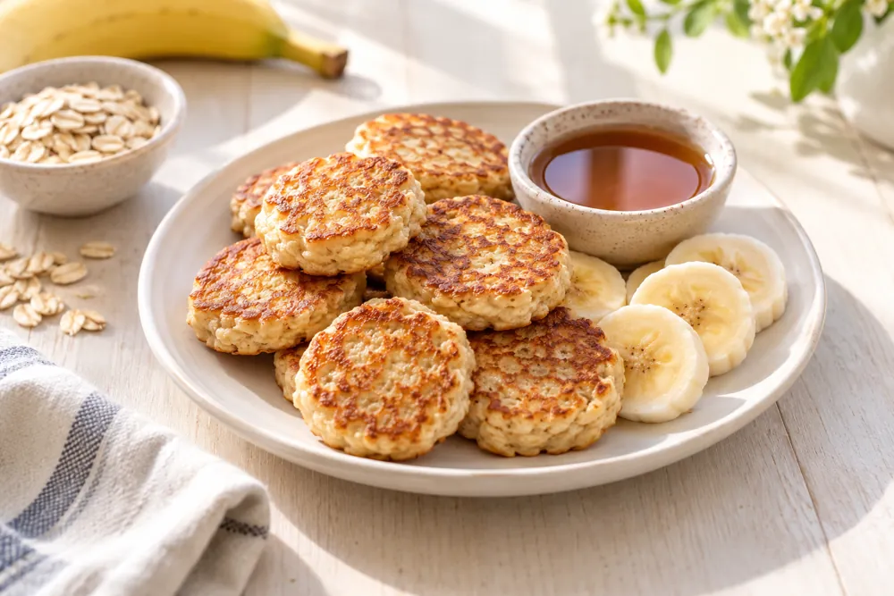 Small golden cottage cheese oat pancakes with banana and dipping syrup.