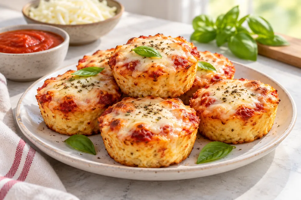 Golden mini cottage cheese pizza bites topped with tomato sauce and mozzarella.