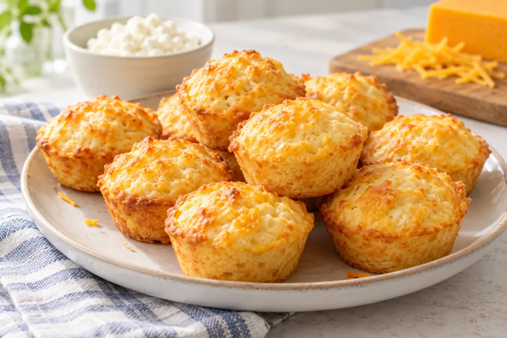 Golden savory cottage cheese and cheddar mini muffins.