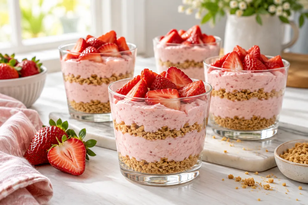 Pink strawberry cheesecake cream layered with graham crumbs in small glasses.