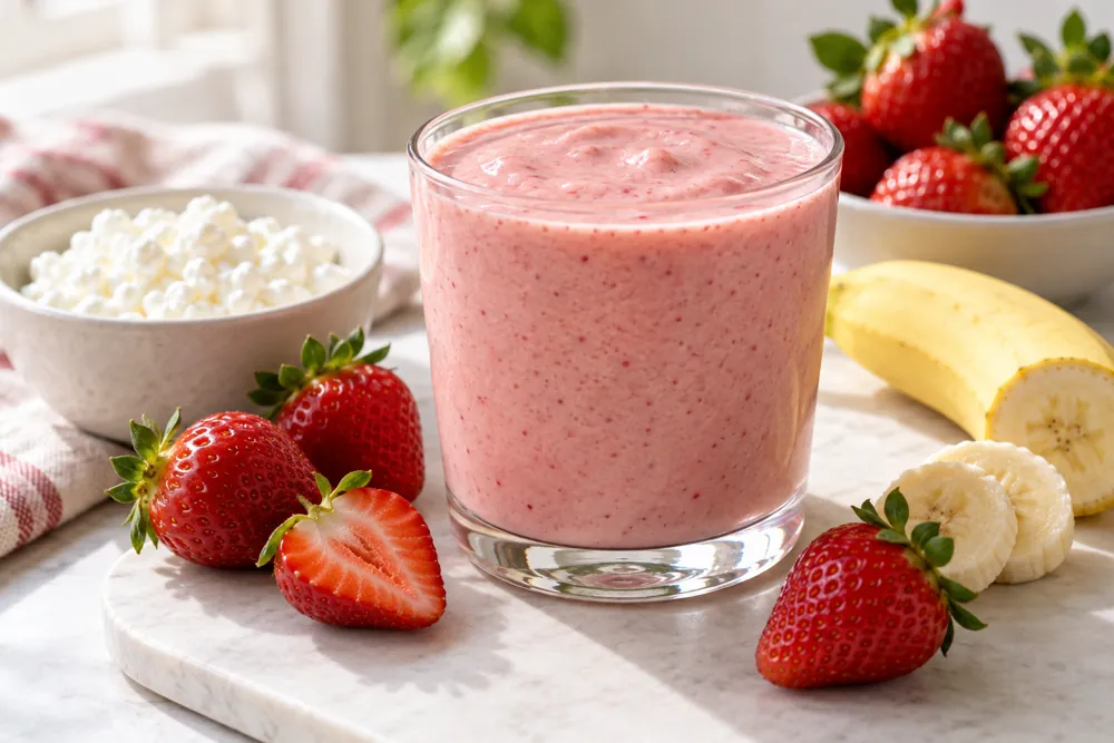 Pink strawberry cottage cheese smoothie in a glass with fruit alongside.